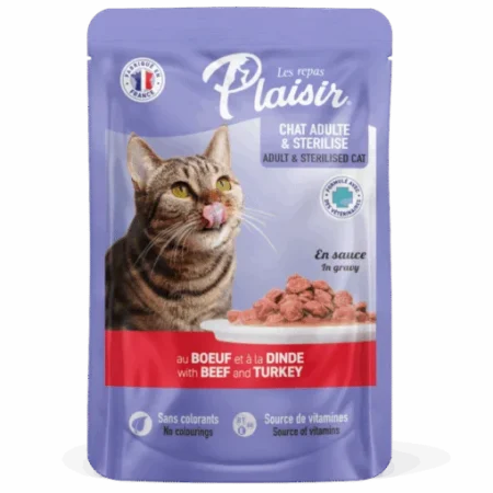 Plaisir Sachets fraîcheur 100g d’émincés au BOEUF et DINDE en sauce (convient pour chat stérilisé)