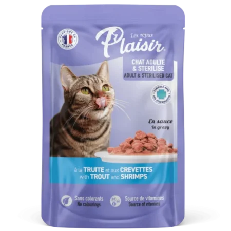 Plaisir Sachets fraîcheur 100g d’émincés au Truite et Crevette en sauce (convient pour chat stérilisé)