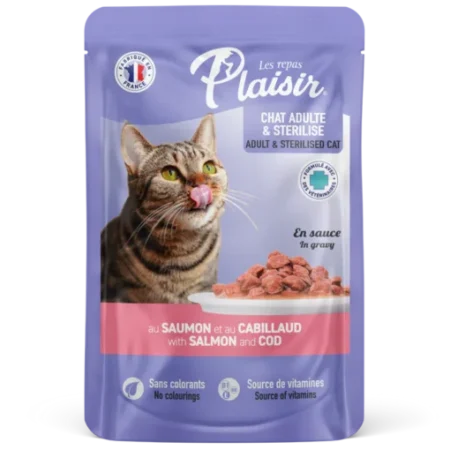 Plaisir Sachets fraîcheur 100g d’émincés au Saumon et Cabillaud en sauce (convient pour chat stérilisé)